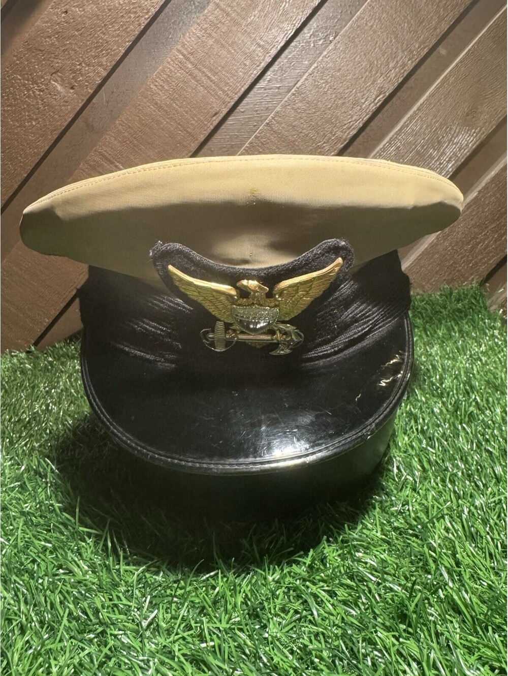 WWII US Navy Officer Khaki Visor Cap Bancroft Zephyr Named Granmo S R VTG Hat